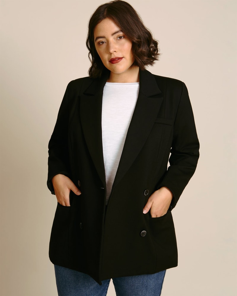 Front of a model wearing a size 12 Nova Blazer in Black by 11 Honoré Collection. | dia_product_style_image_id:231558